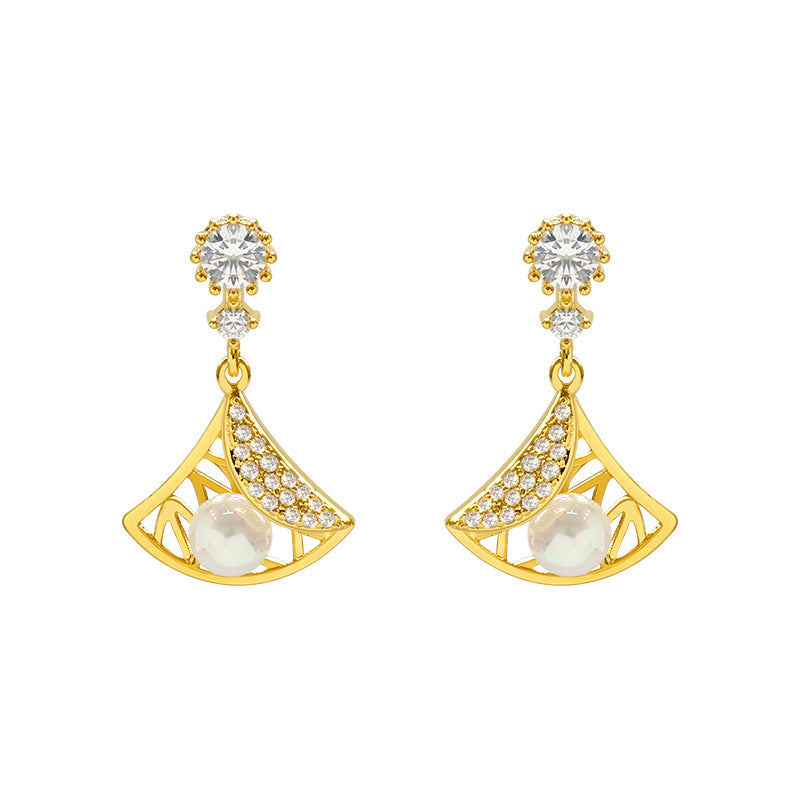 Sterling Silver Needle Pearl Diamond Studded Hollow Scallop Earrings All-matching Graceful