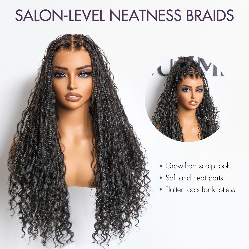 Readitress™ Light Weight Flexi-Fit Invisi Drawstring Cap Full Lace Knotless Boho Curls Braided Long Wig Super Natural Scalp - US Only