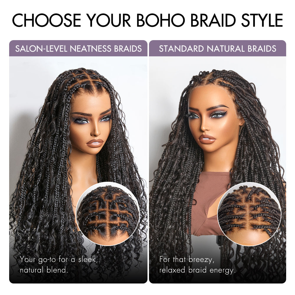Readitress™ Light Weight Flexi-Fit Invisi Drawstring Cap Full Lace Knotless Boho Curls Braided Long Wig Super Natural Scalp - US Only