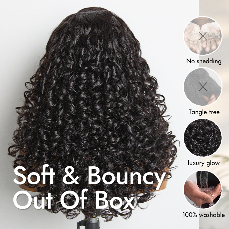 180% Density Bouncy Curls Glueless 5x5 Closure Pre-Cut Lace Layered Curly Wig Breathable Cap