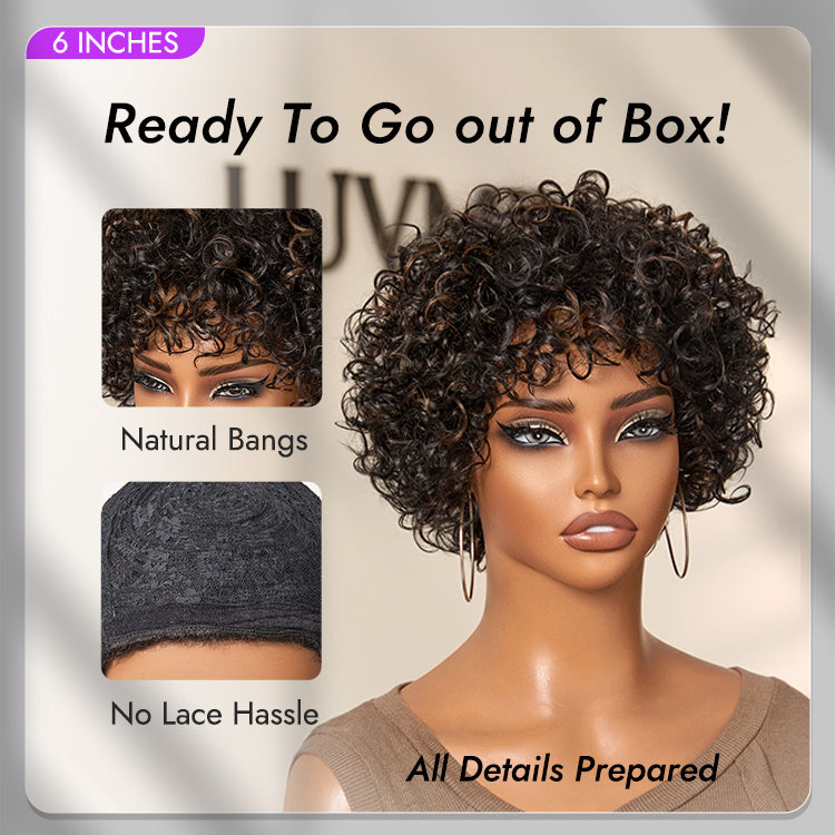 Beginner Friendly Throw On & Go Short Bouncy Curls with Bangs Glueless Wig 100% Human Hair - US Only
