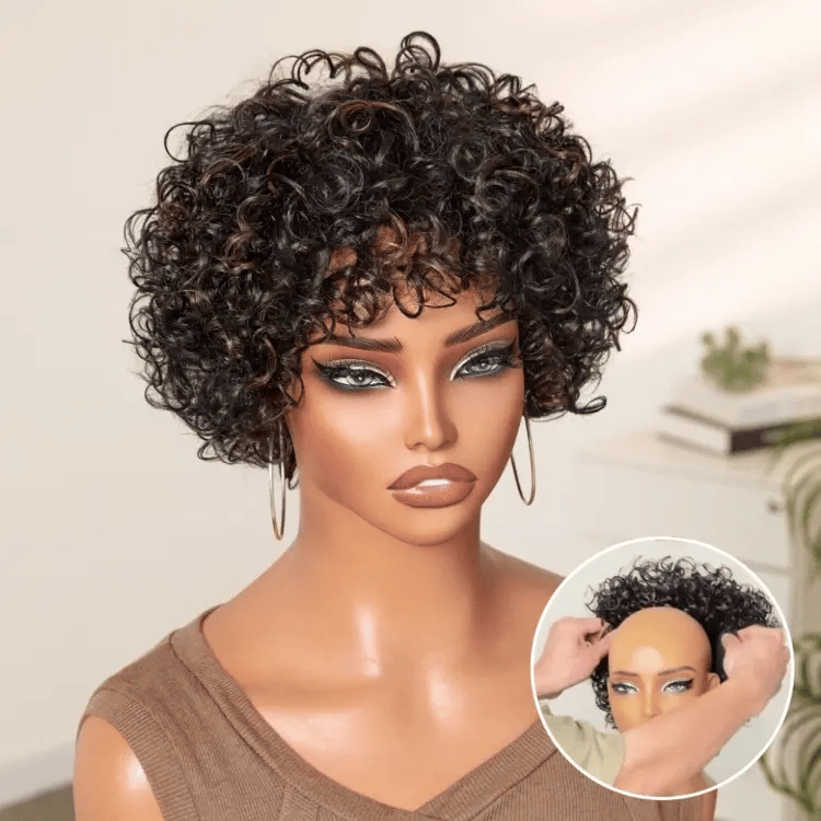 Beginner Friendly Throw On & Go Short Bouncy Curls with Bangs Glueless Wig 100% Human Hair - US Only