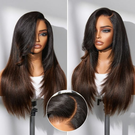 Luvme All-Day Comfort™ Wig 180% Density Ombre Brown Layered Light Yaki Straight Glueless 7x6 Closure HD Lace Human Hair Long Wig Pre-Cut Lace