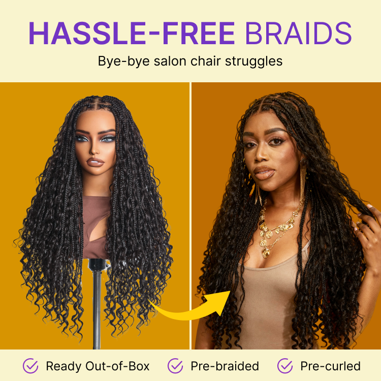 Readitress™ Light Weight Flexi-Fit Invisi Drawstring Cap Full Lace Knotless Boho Curls Braided Long Wig Super Natural Scalp - US Only