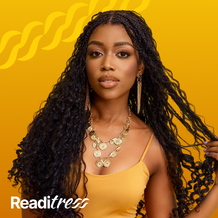 Readitress™ Light Weight Flexi-Fit Invisi Drawstring Cap Full Lace Knotless Boho Curls Braided Long Wig Super Natural Scalp - US Only