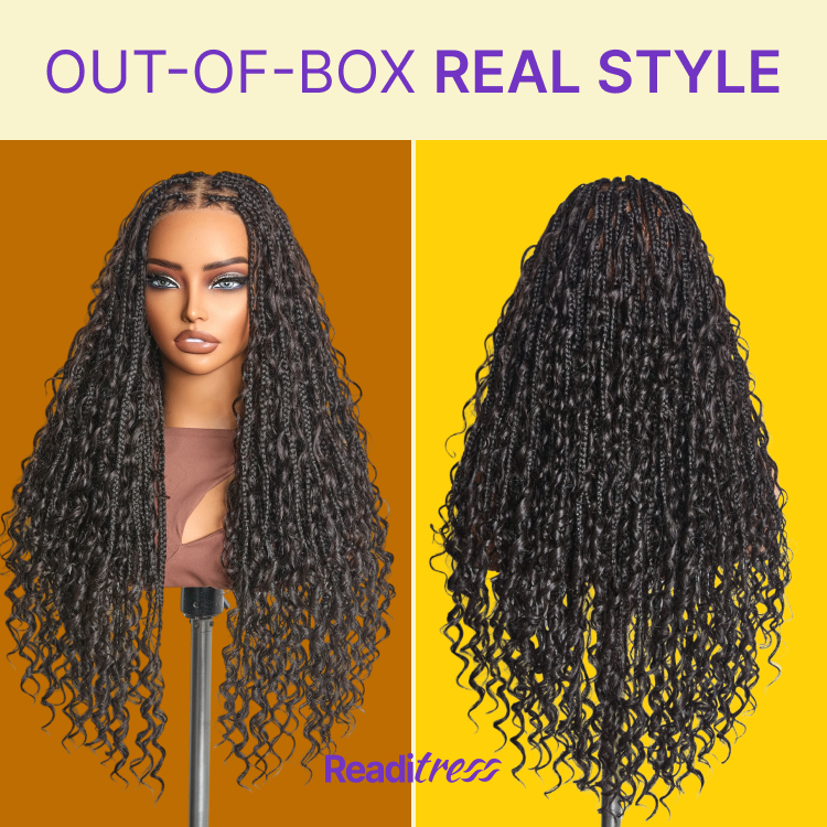 Readitress™ Light Weight Flexi-Fit Invisi Drawstring Cap Full Lace Knotless Boho Curls Braided Long Wig Super Natural Scalp - US Only