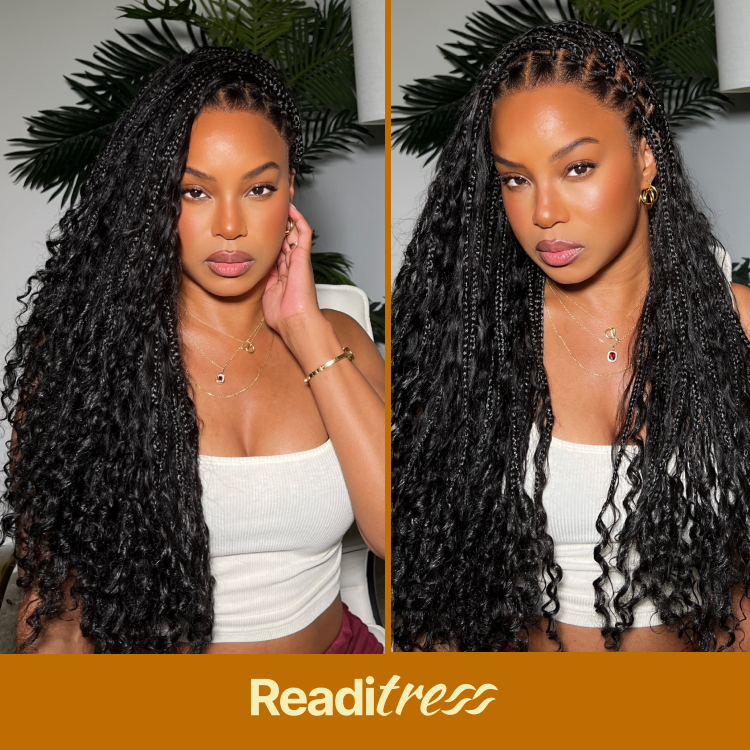 Readitress™ Light Weight Flexi-Fit Invisi Drawstring Cap Full Lace Knotless Boho Curls Braided Long Wig Super Natural Scalp - US Only