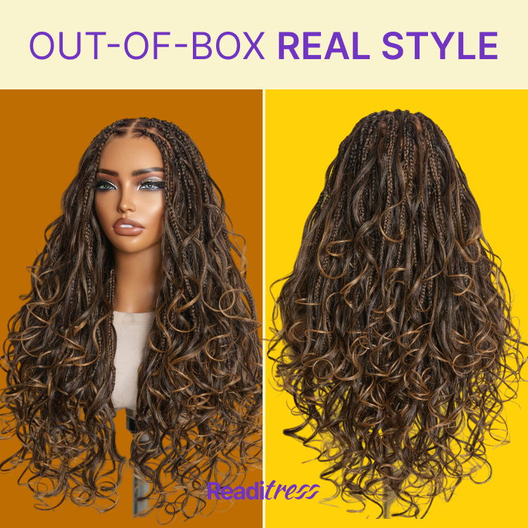 Readitress™ Ombre Honey Blonde French Curl Knotless Boho Braids HD Full Lace Long Wig Flexi Fit Invisi Drawstring Cap - US Only