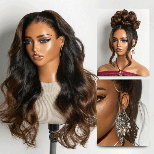 NatureMAX™ 200% Density Ombre Brown Loose Wave Glueless 13x6 HD Lace Front Wig Human Hair Pre-Cut Lace Flexi-Fit Drawstring Cap