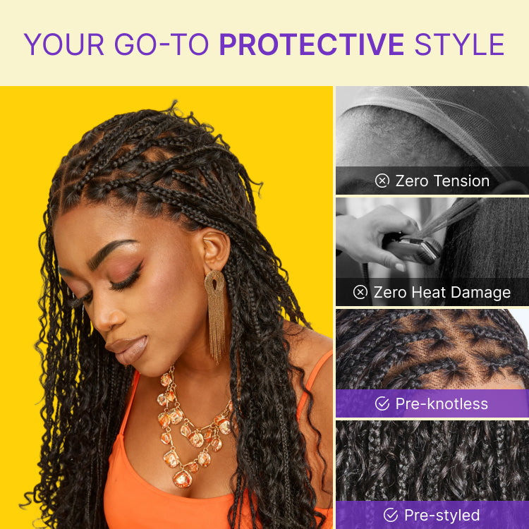 Readitress™ Light Weight Flexi-Fit Invisi Drawstring Cap Full Lace Knotless Boho Curls Braided Long Wig Super Natural Scalp - US Only