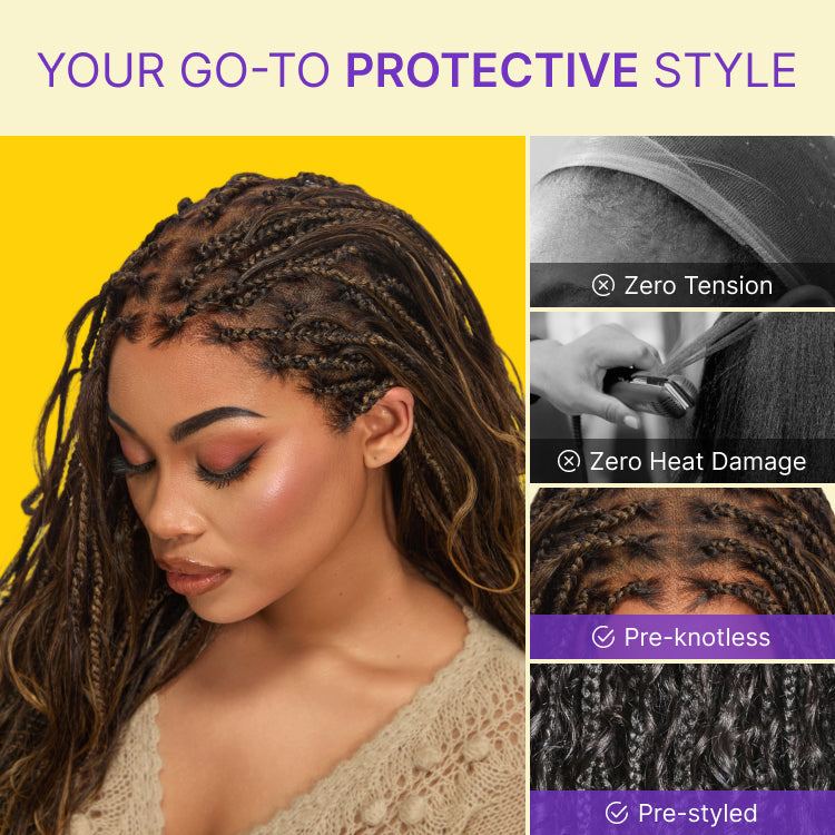 Readitress™ Ombre Honey Blonde French Curl Knotless Boho Braids HD Full Lace Long Wig Flexi Fit Invisi Drawstring Cap - US Only