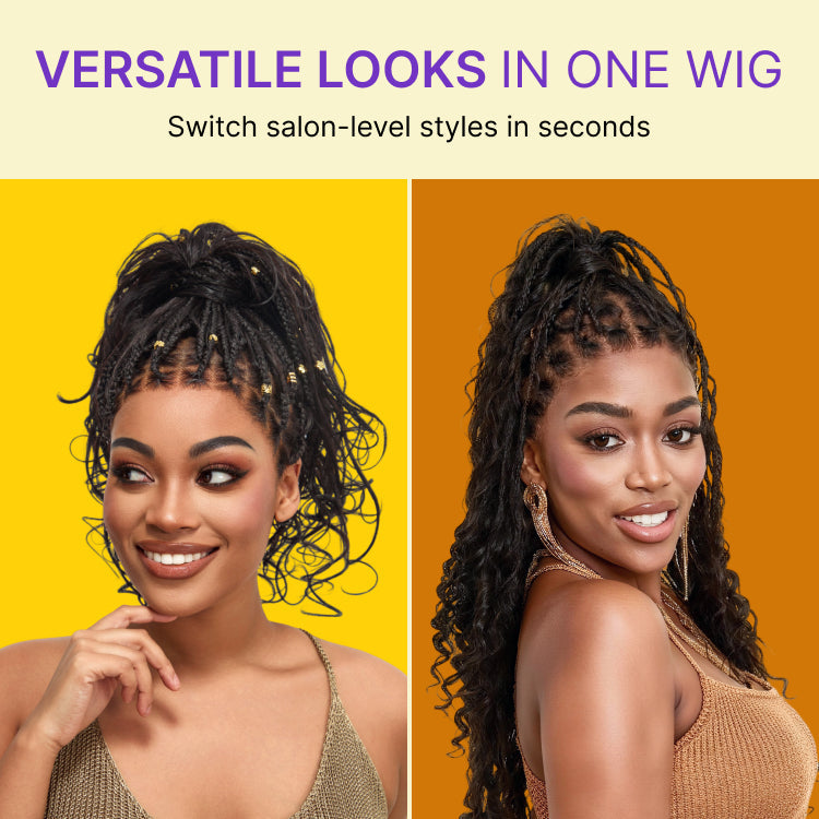 Readitress™ Light Weight Flexi-Fit Invisi Drawstring Cap Full Lace Knotless Boho Curls Braided Long Wig Super Natural Scalp - US Only