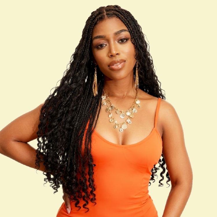 Readitress™ Light Weight Flexi-Fit Invisi Drawstring Cap Full Lace Knotless Boho Curls Braided Long Wig Super Natural Scalp - US Only