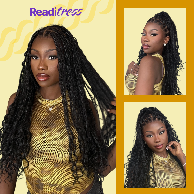 Readitress™ Light Weight Flexi-Fit Invisi Drawstring Cap Full Lace Knotless Boho Curls Braided Long Wig Super Natural Scalp - US Only