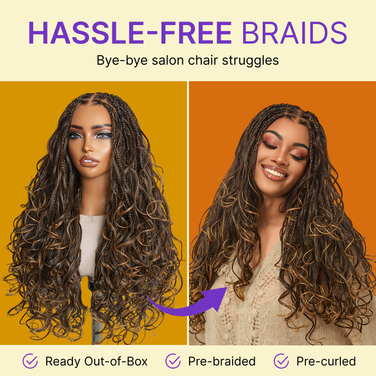 Readitress™ Ombre Honey Blonde French Curl Knotless Boho Braids HD Full Lace Long Wig Flexi Fit Invisi Drawstring Cap - US Only
