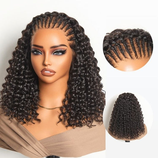 Readitress™ Knotless Fulani Braids Deep Wave Glueless Ear-to-ear 13x4 Frontal HD Lace Wig Human Hair