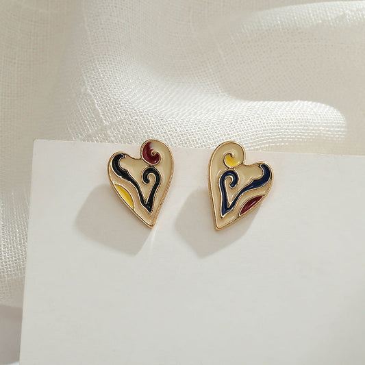 Artistic Vintage Court Style Sterling Silver Needle Stud Earrings Dripping Oil Painted